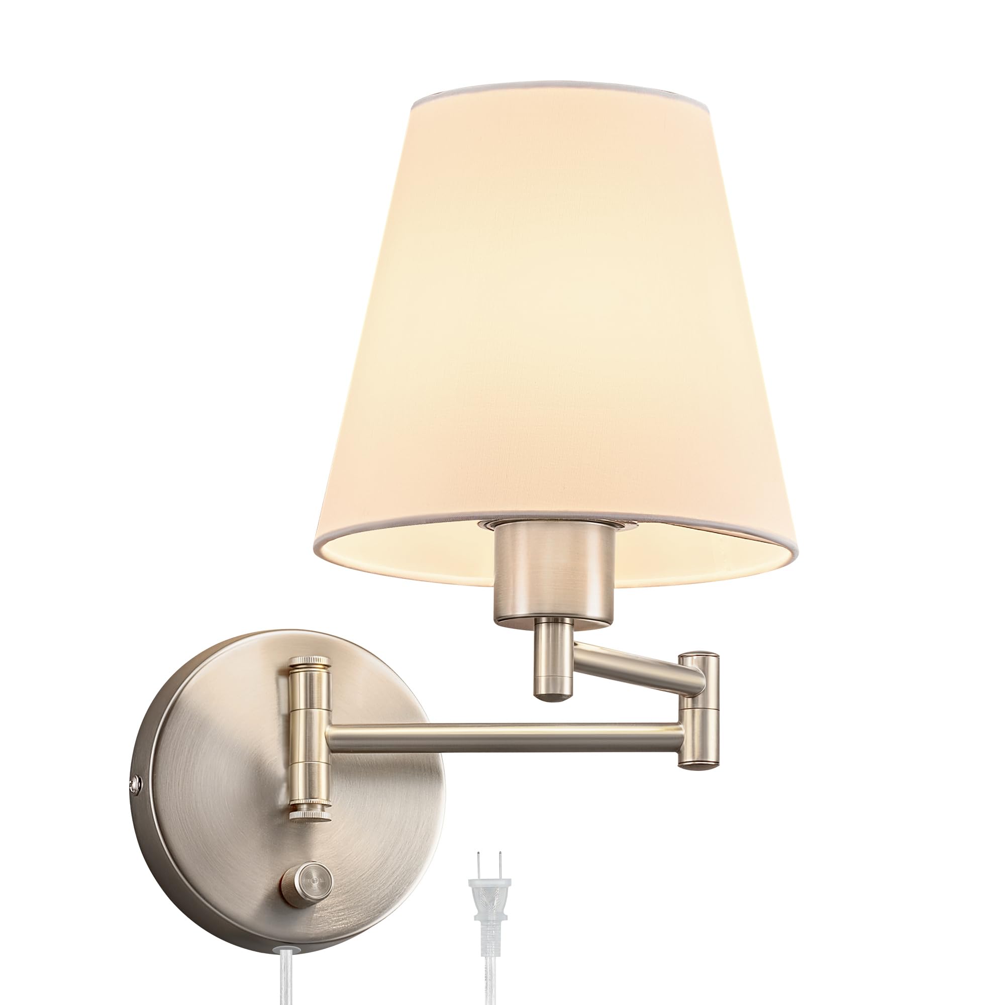 Photo 1 of VONLUCE Modern Adjustable Swing Arm Wall Lamp Brushed Nickel, Plug-in Wall Sconce Lighting for Bedroom Bedside, Living Room, Kitchen, Hallway, Wall Mounted Light Fixtures with White Fabric Shade