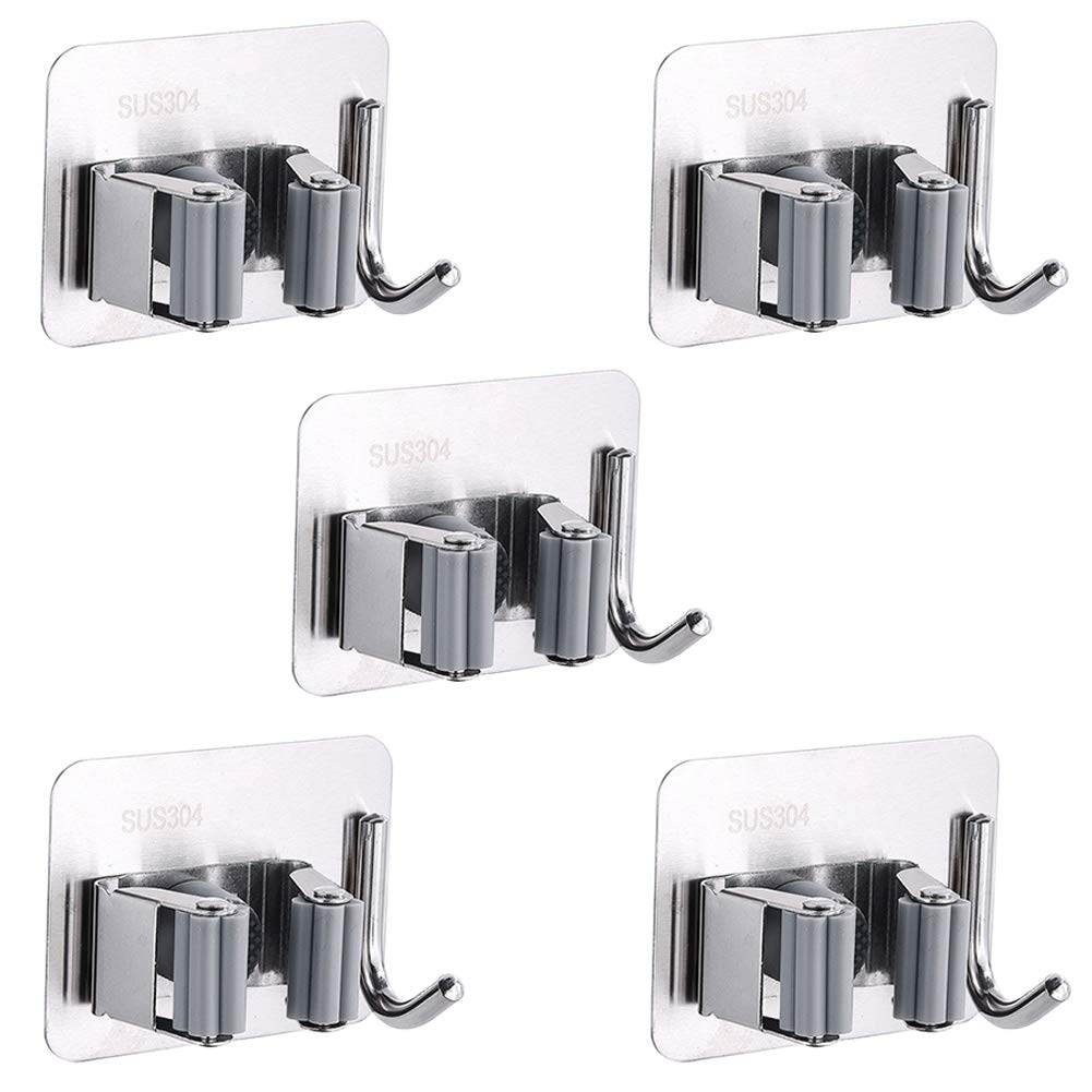 YUIP 5 pcs mop holder with hooks,broom holder,self-adhesive mop holder,bathroom hook, broom holder made of stainless steel, mop holder with hooks suitable for garden, bathroom or wall