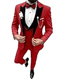 Wangyue Mens Tuxedo Suit Set Red 3 Piece Slim Fit