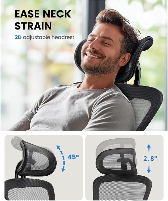 Ergonomischer Bürostuhl mit gepolsterter Lendenwirbelstütze, 2D-Kopfstütze, verstellbaren Armlehnen, verbessertem Sitzkissen, 130° Neigung, Computerstuhl für das Büro zu Hause