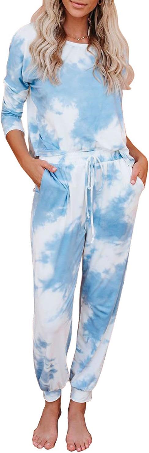 Women's Tie Dye Printed Long Sleeve Tops and Pants Long Pajamas Set Joggers PJ Sets Nightwear Loungewear