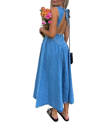 Xadsfeel Denim Midi Dress for Women Sleeveless Spaghetti Strap Scoop Neck Denim Dresses Button Up Flowy A-Line Jean Dress, Blue, Small at Amazon Women's Clothing store