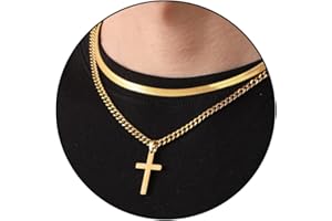Zocomi Cross Necklace for Men Boys, Stainless Steel Layered Cuban Link Herringbone Chain Cross Pendant Christian Fashion Jewelry Gifts 16-24 Inches