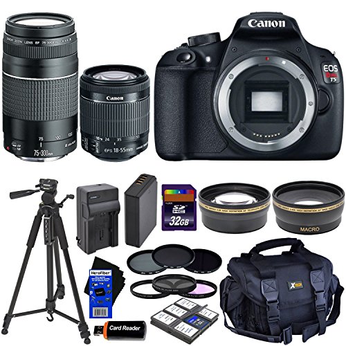 Canon EOS Rebel T5 DSLR Camera with 18-55mm IS II & 75-300mm III Zoom Lenses (International Version) + Tele & Wide Lenses + ND Filters ND2,ND4,ND8 + 14pc 32GB Deluxe Accessory Kit