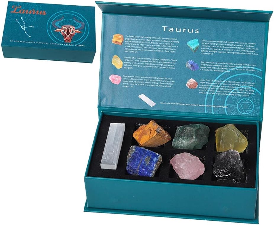 Indoor Fountains & Accessories - Runyangshi 12 Constellation Healing Crystals - Taurus - 1.2lb 100% Natural Quartz Stone Set Chakra Astrology Zodiac Signs Gift