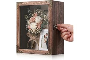 VAULTUSCN Deep Shadow Box Frame 8x10 with 4.7" Depth, Rustic Carbonized Wood Display Case, Deep Wood Memory Box with Vintage Lock, 4 Metal Corner Protectors, Display Case for Collectibles, Wedding Keepsakes