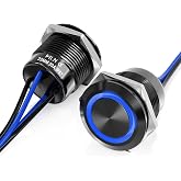 FILN 2PCS 20A 22mm Latching Push Button Switch 12V-24V DC IP67 Black Shell | IP67 Waterproof, SPST 1NO,with LED Angel Eye Light, Zinc-Aluminum Alloy, ON OFF Self-Locking for 0.866" Mounting Hole(Blue)