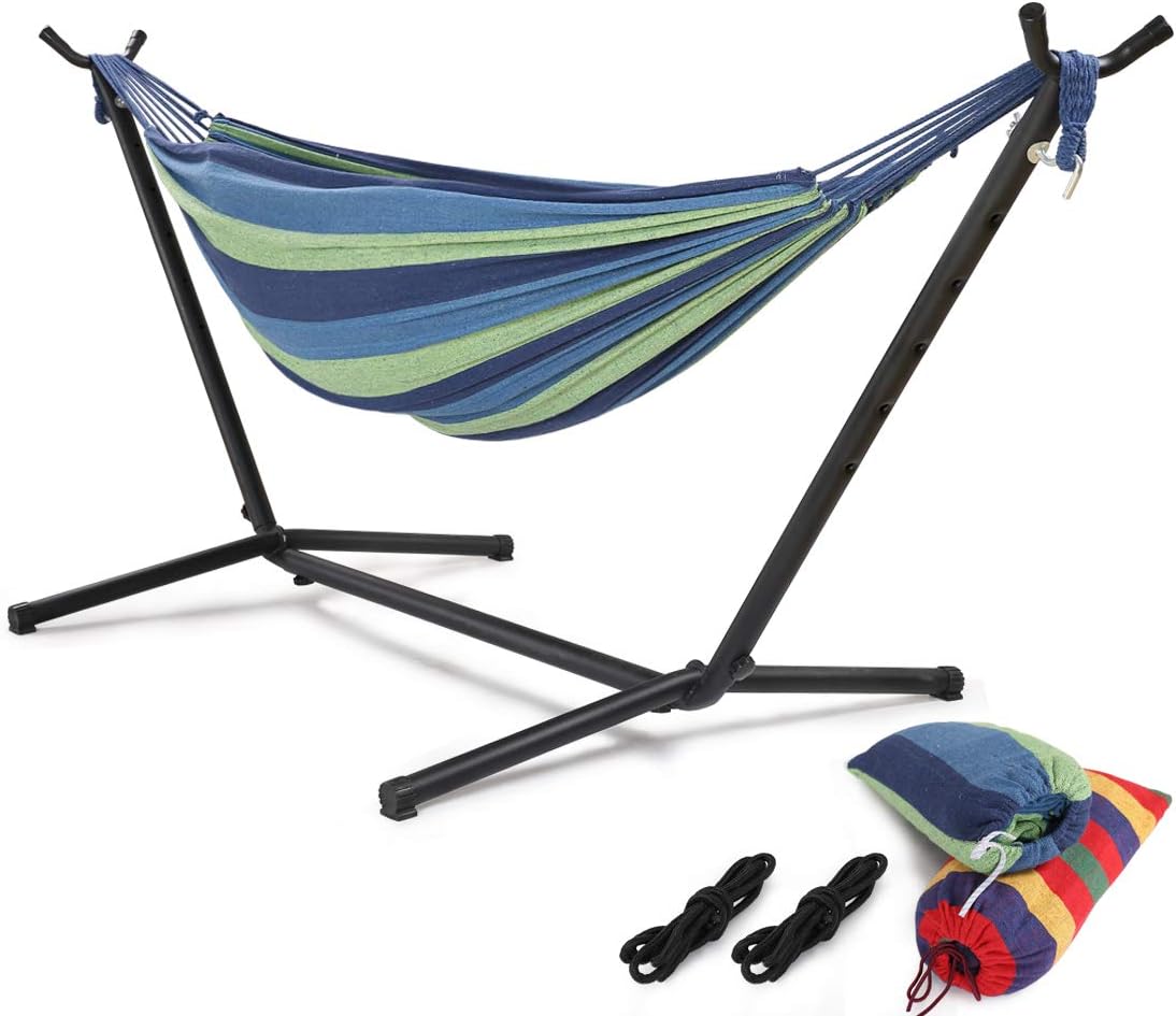 HONGJUN Double Hammock with Steel Stand - Space Saving 2 Person Adjustable and Portable Stand Hammocks,450 Pounds Capacity(Blue Stripe)