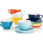 Sweese 6 Ounce Cappuccino Cups with Saucers, Porcelain Double Espresso Cups Set of 6 - Hot Assorted Colors