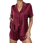 Ekouaer Womens Silk Satin Pajama Sets 2 Piece Button Down Silk Pjs Shorts Sets Cute Print Short Sleeve Sleepwear S-XXL
