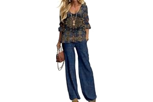 DEPENSL Summer Two-Piece Set for Women Boho Floral Print Pants Suit Loose Top Shirt Wide Leg Trouser