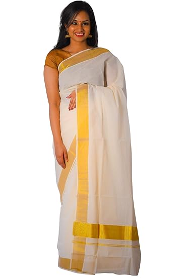 Women's Plain Cotton Kasavu Saree with 3x3 Border (ERPLCT-1040, Cream)