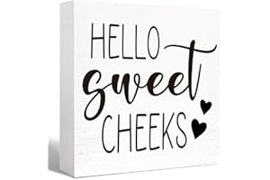 SJNH Funny Bathroom Wood Sign - Hello Sweet Cheeks - Wooden Block Sign for Shelf, Toilet, Restroom, Home, Tabletop, Desk Decor - Farmhouse Style