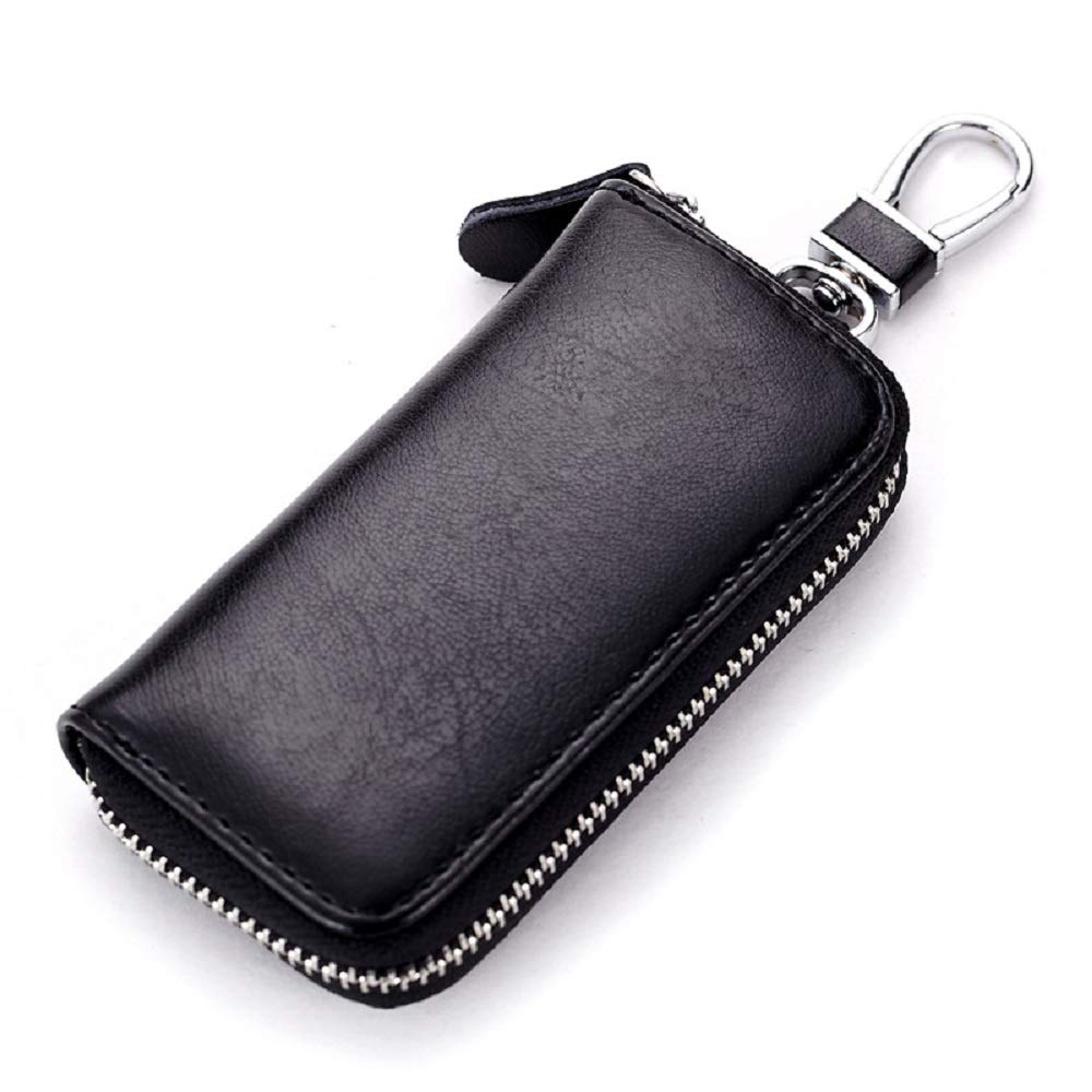 JIUFENG Leather Keys Wallet Car Key Card Holder Multifunctional Zipper Key Case Coin Pouches Keychain Key Ring Unisex (Black)