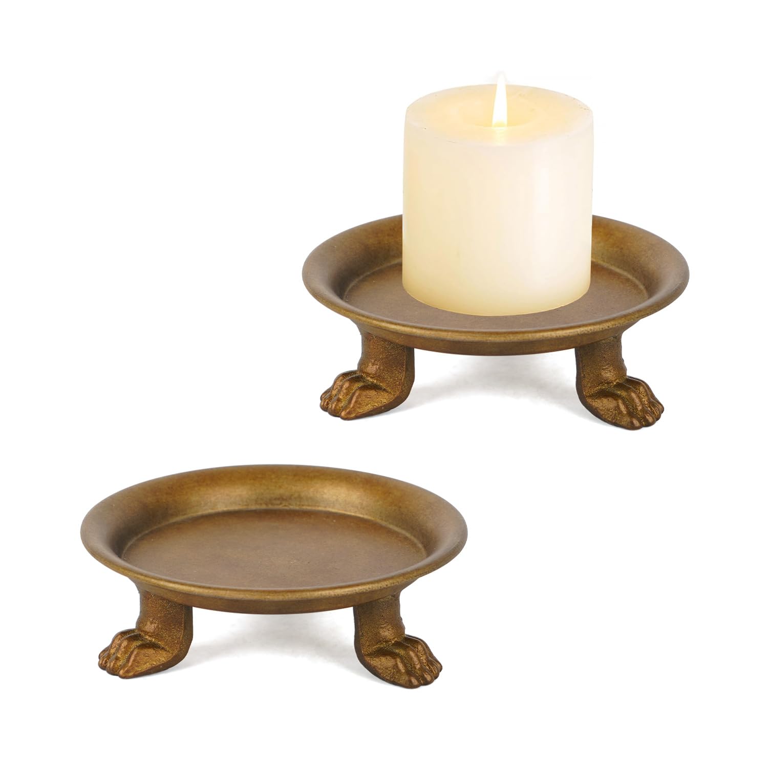 Photo 1 of NIKKY HOME Gold Decorative Iron Plate Candle Holders Set of 2, Vintage Pillar Candlestick Stand Base Tray for LED & Wax Candles, Incense Cones, Spa, Weddings