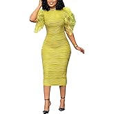 VJJ AIDEAR Women's Flutter Sleeve Ruched Bodycon Textured Pencil Dress Stretchy Business Office Party Dress