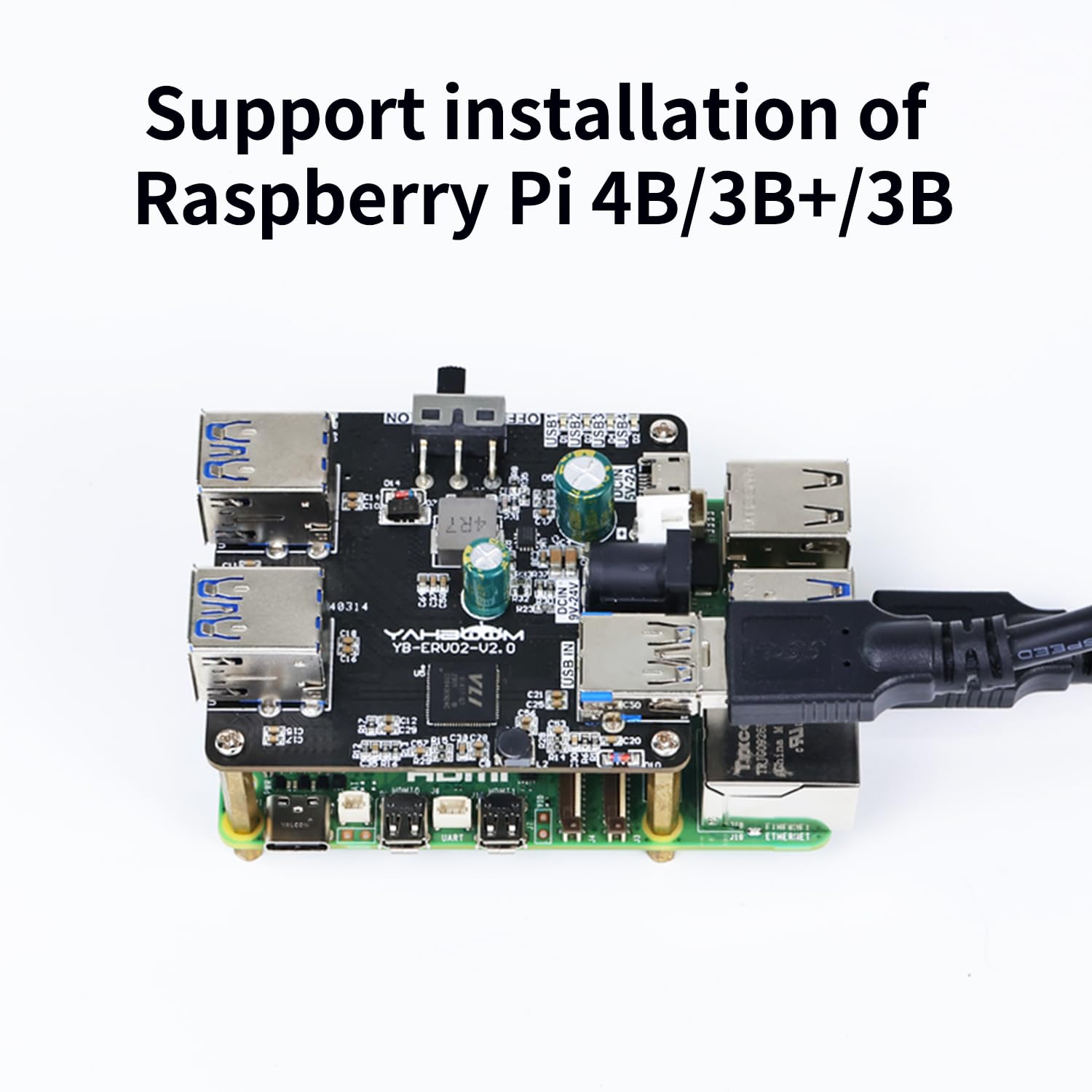 Yahboom 4 Port USB 3.0 Hub for Raspberry Pi Jetson Nano ROS Robot, Compatible with USB 3.0/2.0/1.1 Driver-Free Plug&Play, Onboard External USB-A，5V (Micro-USB)，9~24V Power Port, for High-Power Device