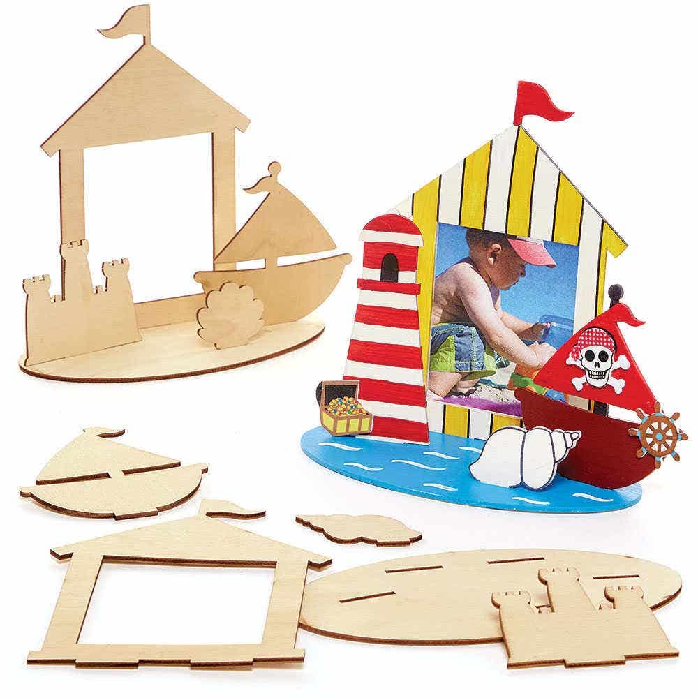 Baker Ross FC802 Seaside Wooden Photo Frame Scene Kits - Pack of 4, Craft Kits for Kids, Kids Picture Frame Kit