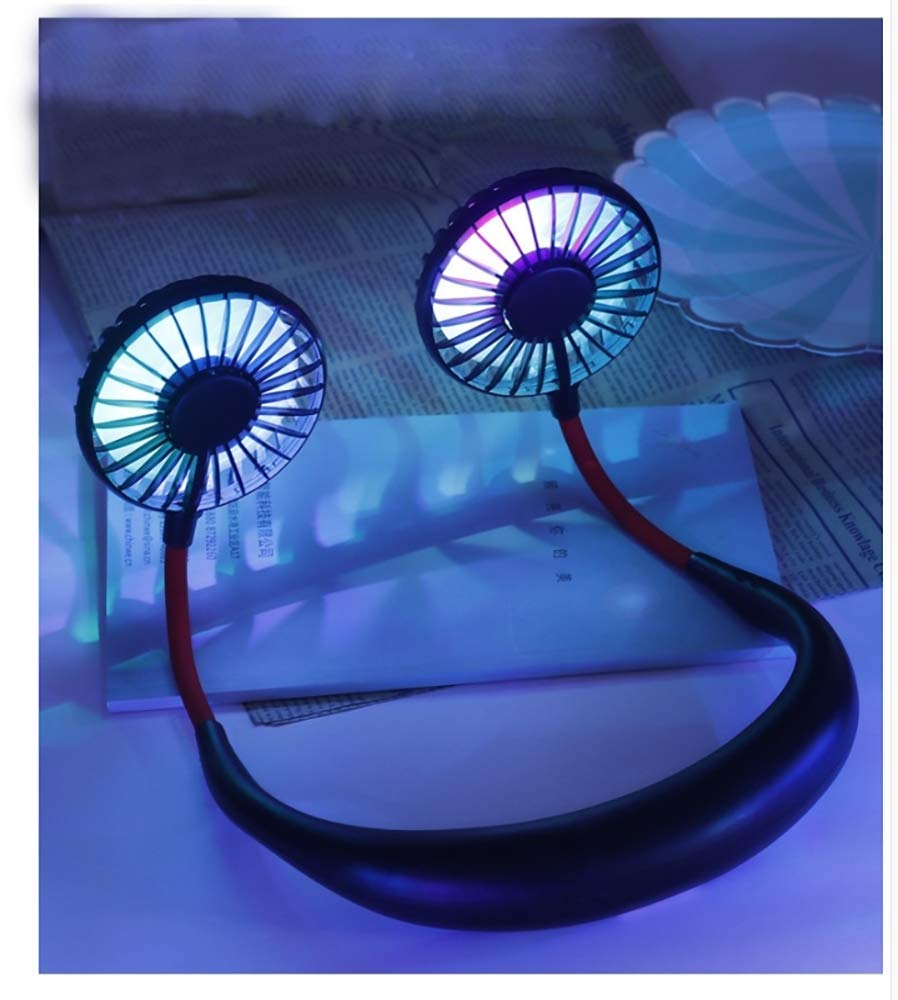Sports Fan, Wisfun USB Portable Neck Hanging Fan, 7 Color LED Hand-Free USB Personal Fan, Portable Headband Fans with Dual 360 Degree Rotation Head for Outdoor Sport Camping Traveling Office (Black)