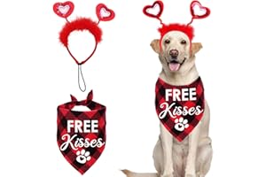 QIDELONG Valentines Day Dog Costume, 2 Pack Pet Red Heart Headband Buffalo Plaid Bandana Set, Dog Clothes for Small Medium Dogs, Love Heart Dog Headwear Triangle Bibs Scarf Holidays Outfit Party Apparel (Red)