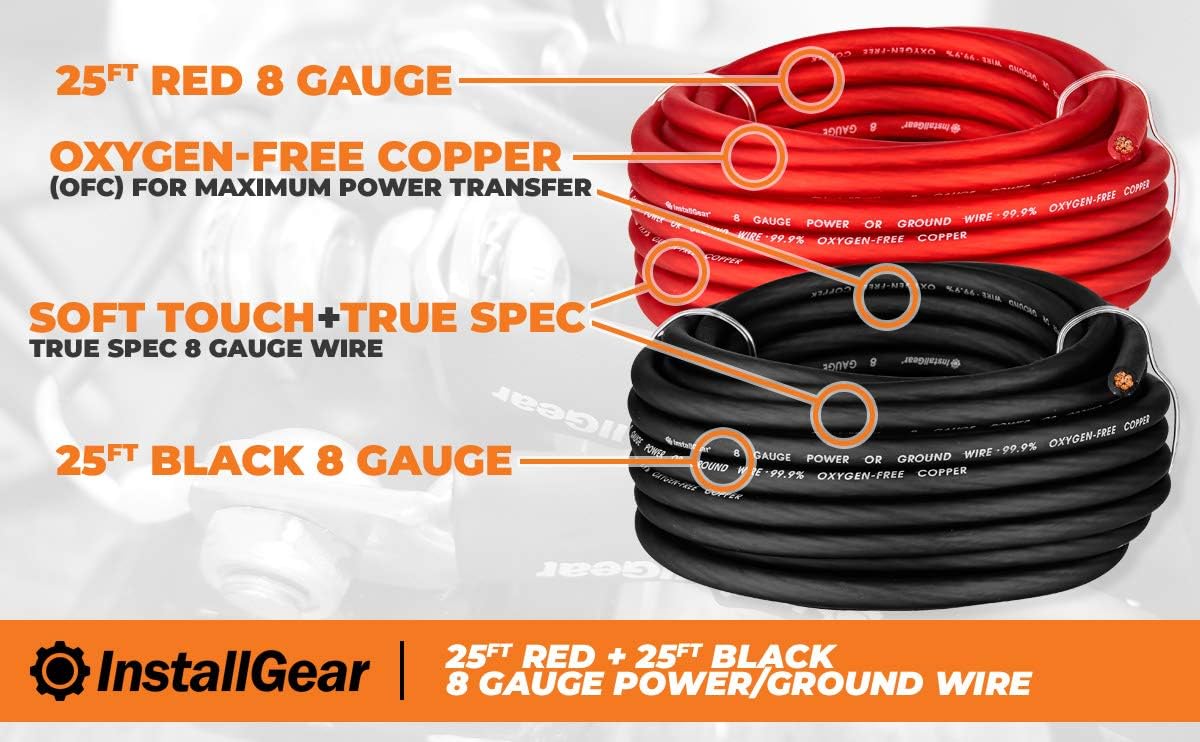 InstallGear 8 Gauge 25ft Red + 25ft Black Power or Ground Wire - 99% Oxygen-Free Copper (OFC): Car Electronics