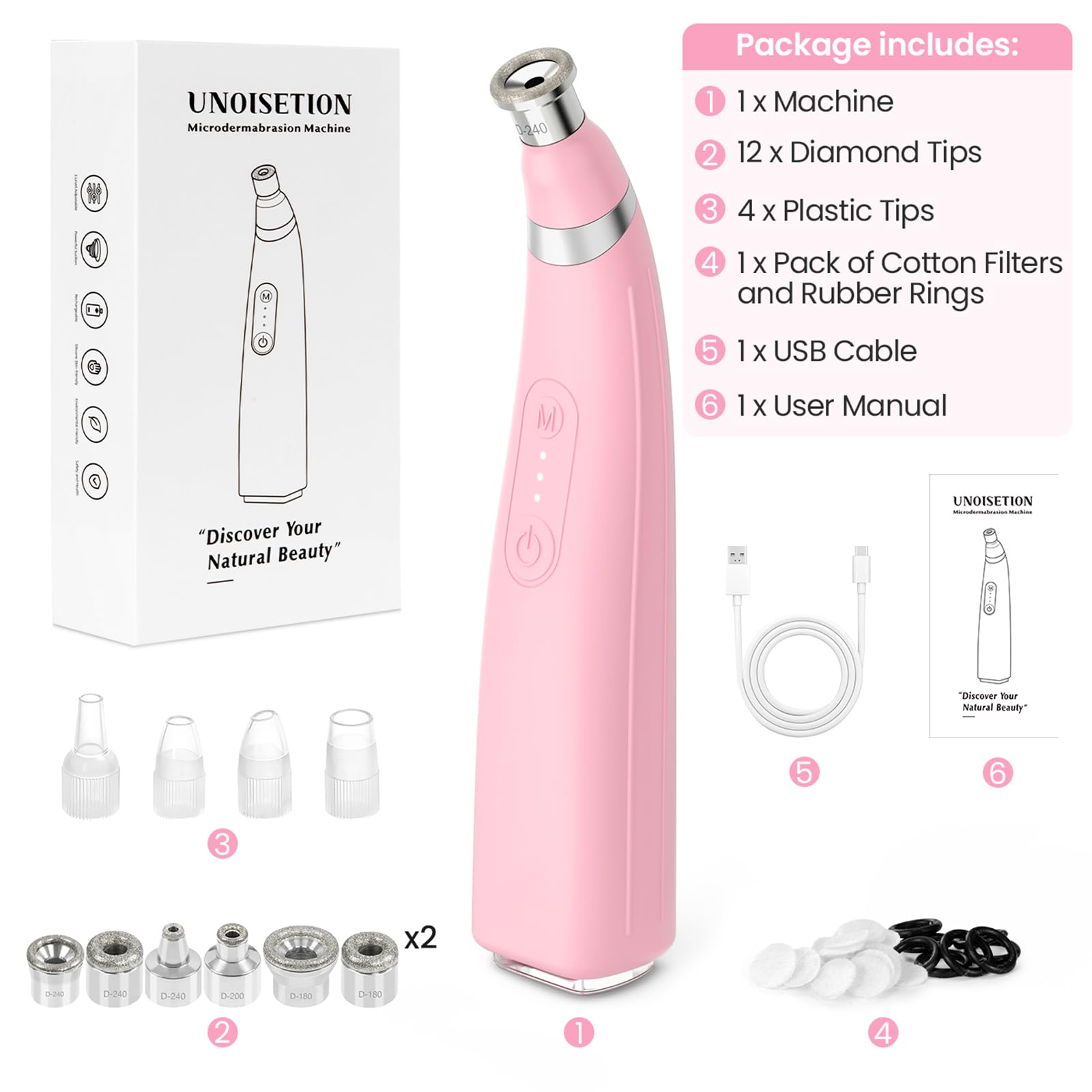 UNOISETION Diamond Microdermabrasion Machine, Rechargeable Cordless Dermabrasion Facial Machine with 3 Levels, Professional Portable Home Travel Microdermabrasion Device