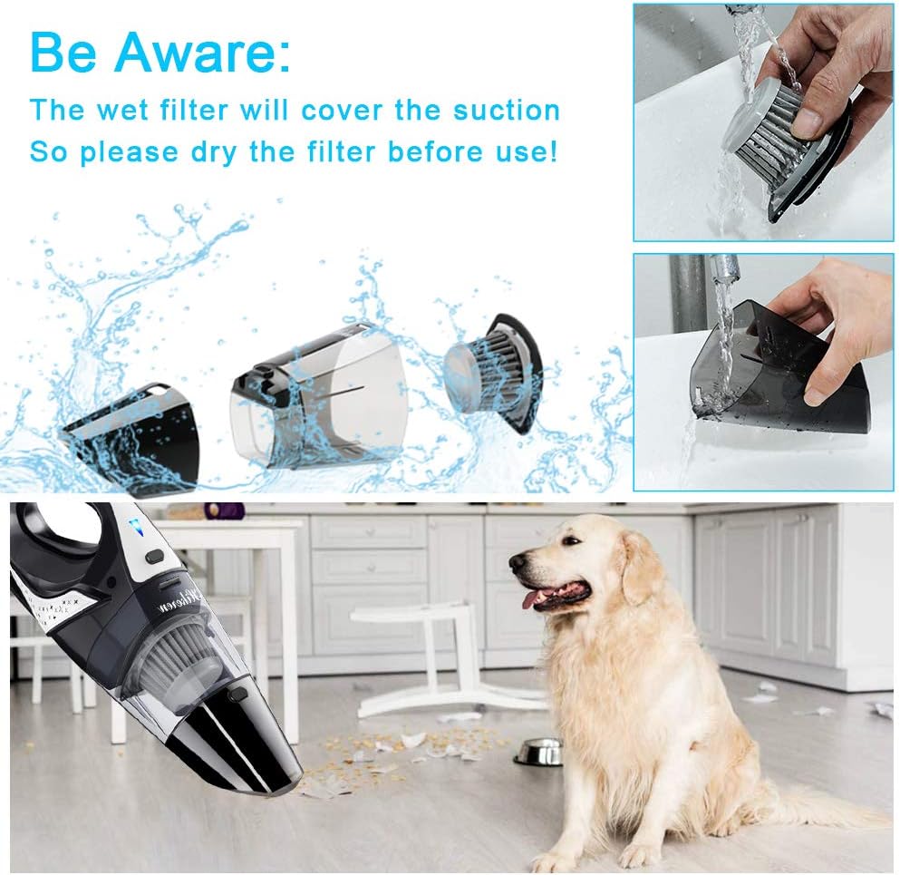 Handheld Vacuum, Hikeren 7Kpa Powerful Suction Wet & Dry Vacuum Cleaner, Handheld Vacuum Cordless with Quick Tech, Rechargeable Portable Handheld Vac with Stainless Steel HEPA Filter, Black -