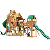 Gorilla Playsets Treasure Trove I Wooded Swing Set with Wood Roof | Rock Wall, Two Slides, Clatter Bridge, Steering Wheel, Telescope