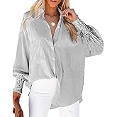 OPOIPIN Women's Striped Print Shirred Long Sleeve Button Down Pocket Blouse Shirt Top