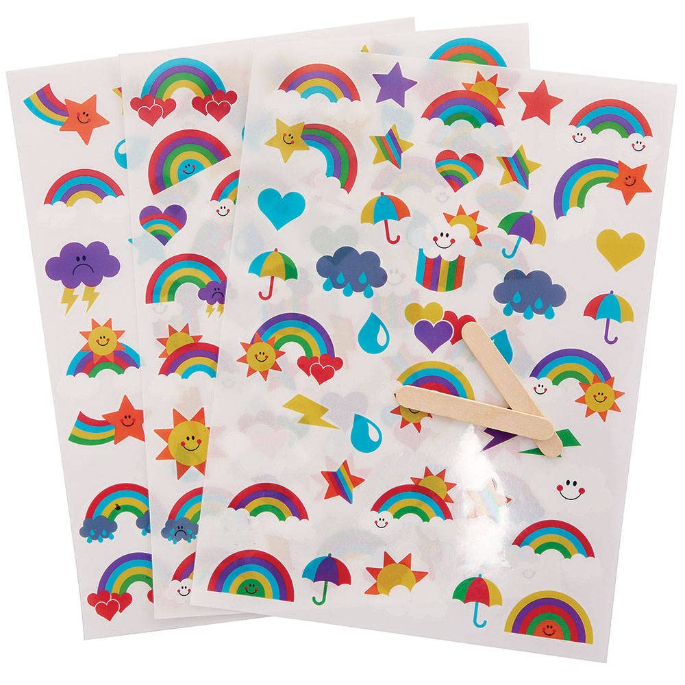 Baker Ross Rainbow Rub-On Transfer Stickers - Pack of 150, Multicolor, Vibrant Cartoon Stickers for Ceramic, Wood, Paper, Kids