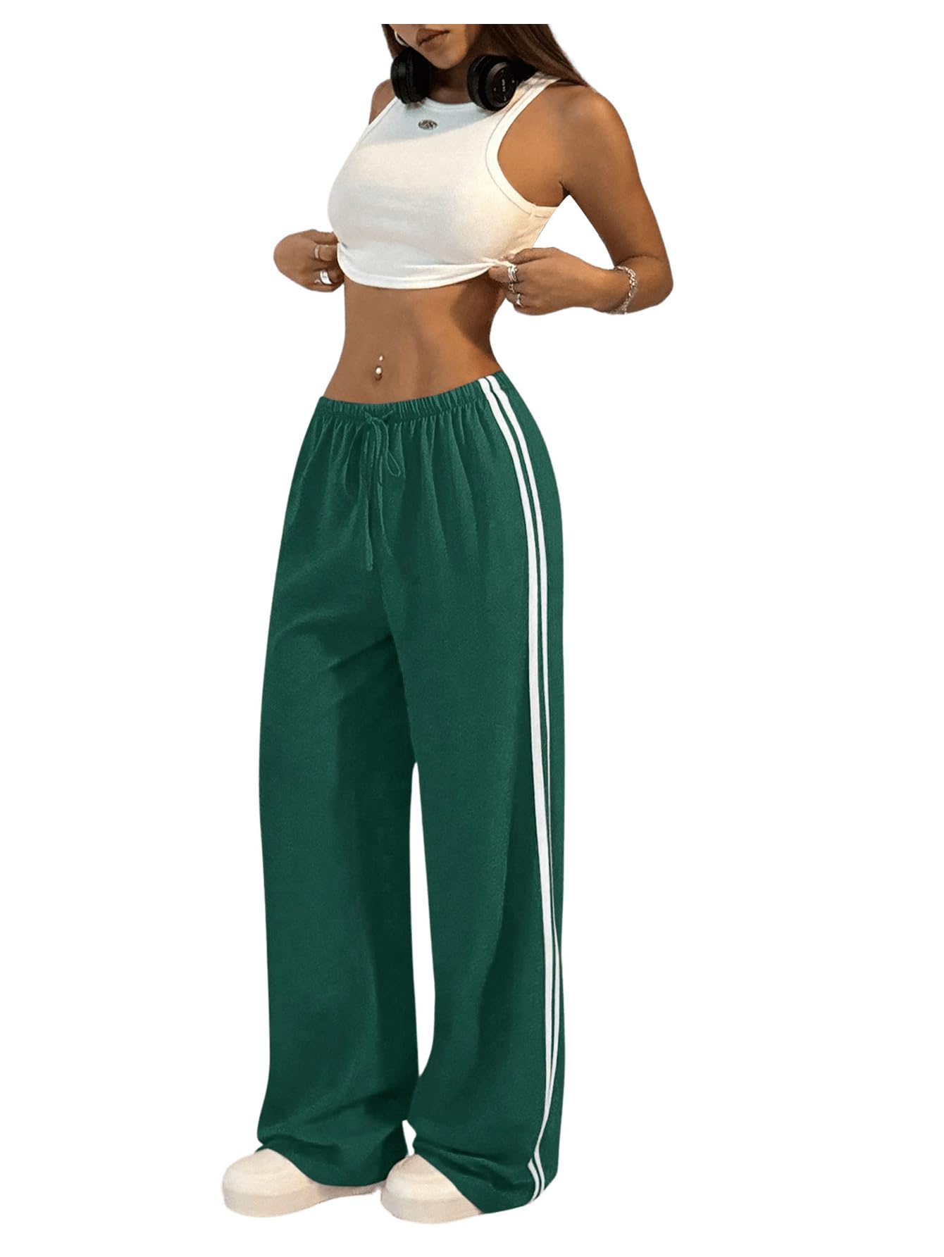 Photo 1 of SHENHE Women's Wide Leg Loose Sweatpants Low Rise Y2k Drawstring Workout Sports Pants Dark Green Small