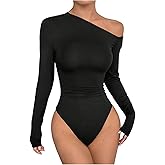 GORGLITTER Women's Long Sleeve One Shoulder Top Bodysuit Asymmetrical Neck Casual Slim Fit Tshirt Leotard Tops