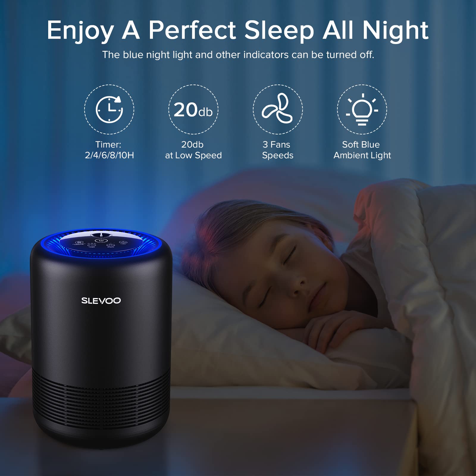Air Purifiers for Bedroom Pets Smokers in Home, H13 True HEPA Filter Air Cleaner with Fragrance Sponge, Night Light, Timer, Effectively Clean Smoke, Dust, Pollen, Pet Dander, Odors, BS-01 Black
