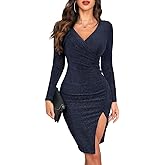 oten Women's Sparkly Deep V Neck Long Sleeve Ruched Bodycon Slit Cocktail Party Club Night Out Slim Fit Glitter Dresses