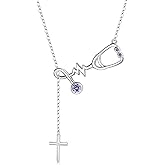 925 Sterling Silver Nurse Stethoscope Cross Pendant Necklace Medical Assistant Jewelry Gift for Women Registered Nurse Doctor Medicine Lariat Y Necklace Medical Student Graduation Birthday Jewelry Gift Nurse Week Jewelry Gifts