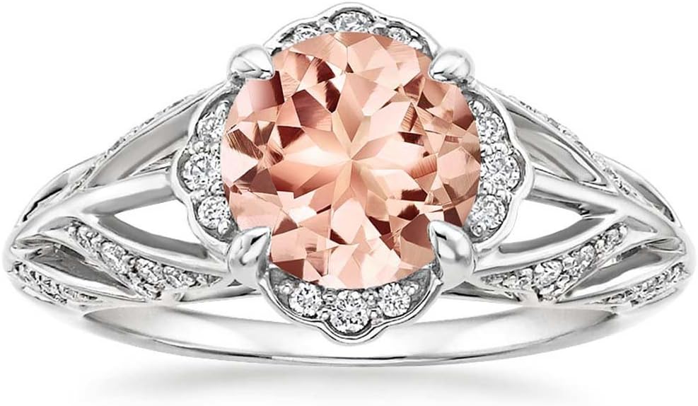 925 Sterling Silver Plated 925 Silver Round Cut Morganite Engagement Wedding Solitaire Leaf Ring