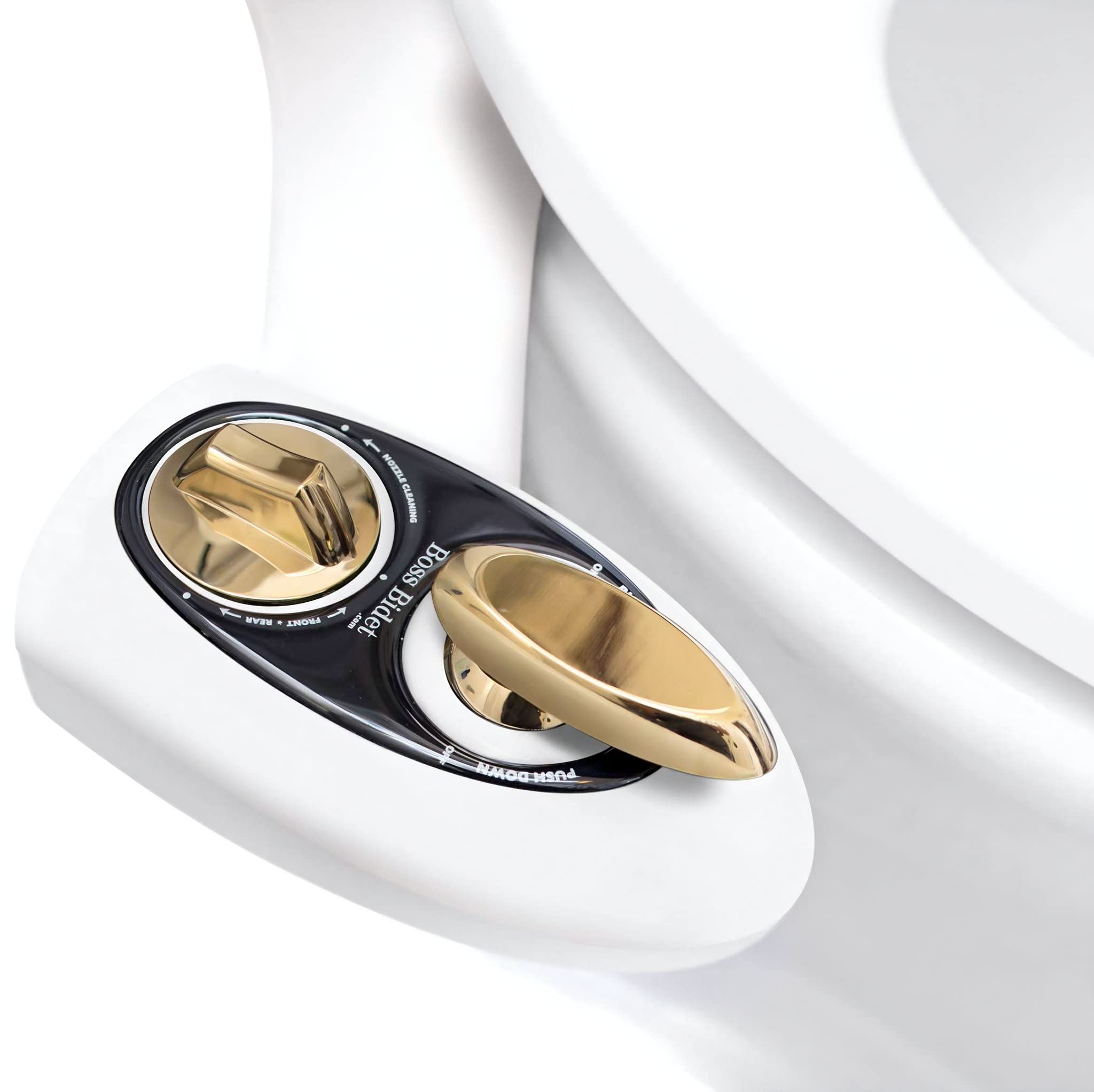 BOSS BIDET BOLD Toilet Attachment | Cleans Your Rear | Dual Nozzle | Self Cleaning Sprayer Feature | Comes with Everything needed | Attaches in 15 minutes | One Year Warranty | White & Gold