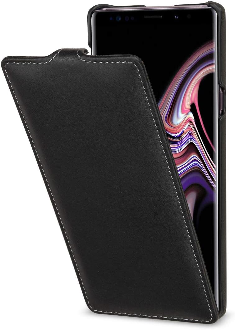 StilGut Slim Vertical Flip Case for Galaxy Note 9, Genuine Leather Galaxy Note 9 Case, Black Nappa