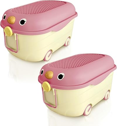 Froppi 70L Toy Box with Lid Pink on Wheels 2 Pack XL Storage