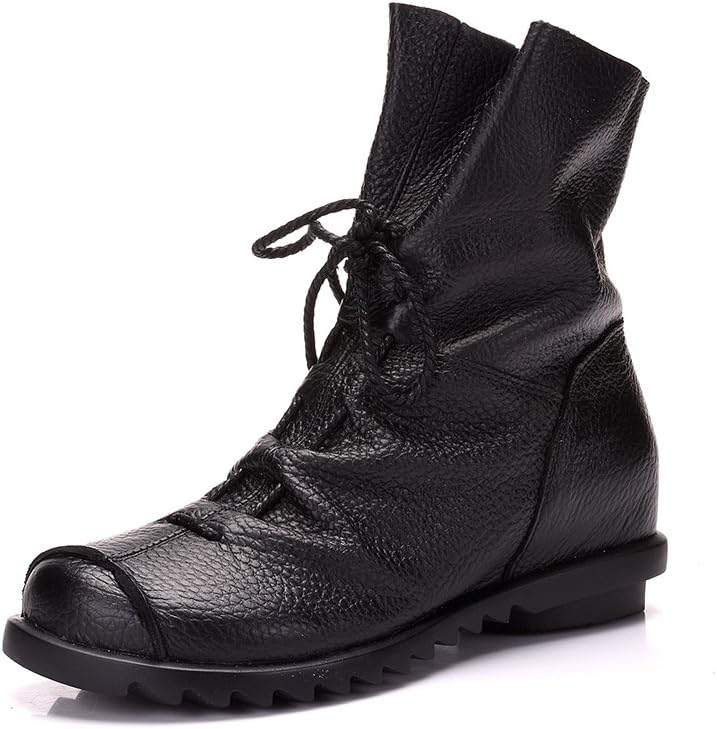 Mrs DuberessWomen's Ankle Boots Leather Boot Autumn Winter Block Heel Walking Boot Handmade Boot Ladies Dress Party Shoes Side Zipper Snow Boot (Black, Numeric_4_Point_5)