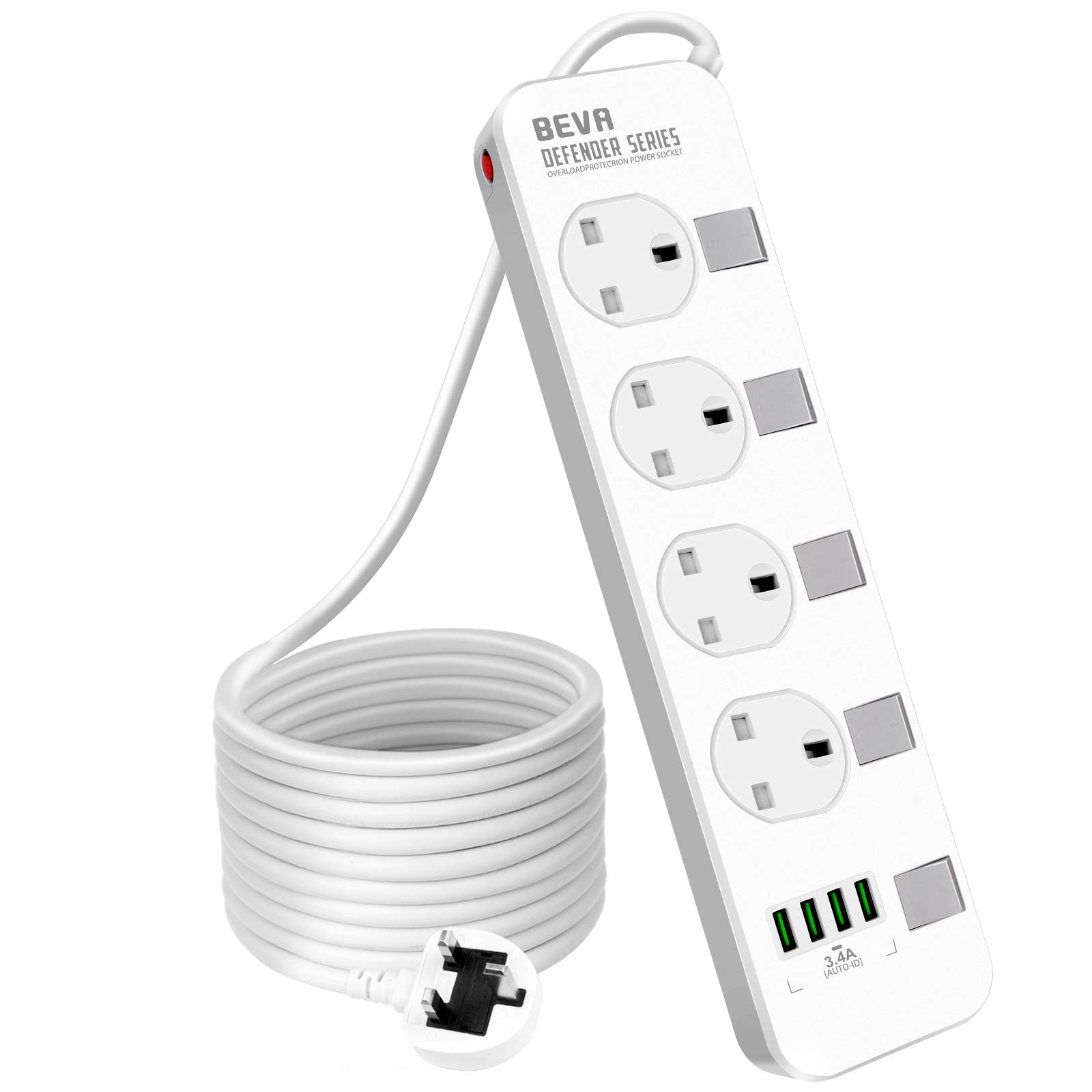 Extension Lead 5M, BEVA 4 Gang Power Strip with 4 USB Ports, Multi Plug Charging Station with Independent Switches, Surge Protected Power Extension for Home & Office - 5 Meter Cord (White)
