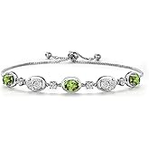 Gem Stone King 925 Sterling Silver Green Peridot and White Lab Grown Diamond Bracelet For Women | 4.10 Cttw | Gemstone August Birthstone | Oval 7X5MM | Fully Adjustable 9 Inch