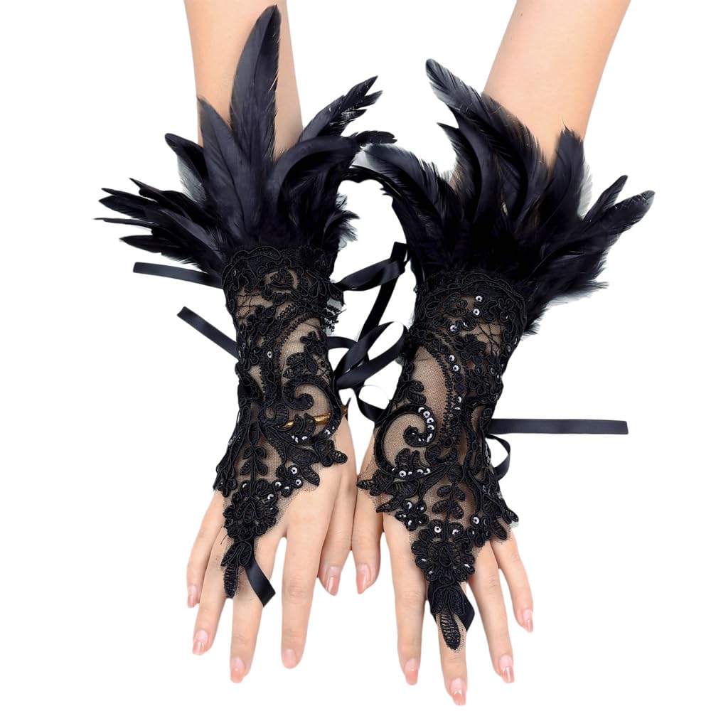 Laroal 1 Pair Women'S Black Feather Lace Long Gloves Sleeve Accessories For Cosplay Party Dance Evening Banquet Wedding Prom
