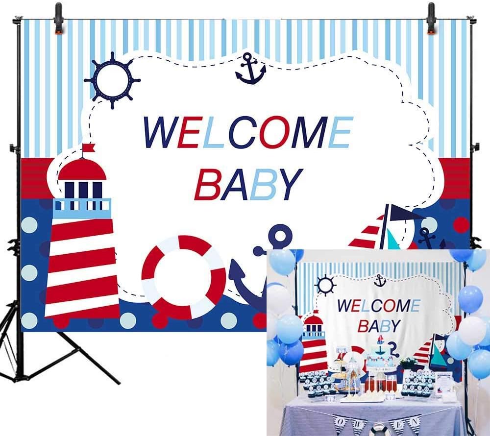 EdCott 7x5ft Boy Baby Prince Infant Nautical Theme Welcome Baby Photography Backdrop Navy Blue Marine Voyage Background Newborn Baby Shower Happy 1st First Birthday Banner Cake Table Decoration Props