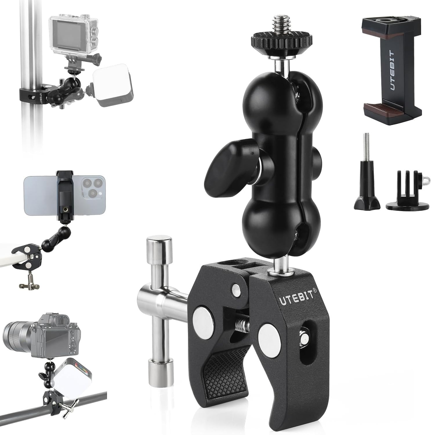 Photo 1 of UTEBIT Super Clamp Camera Mount with 360° Ballhead Magic Arm, Super Clamp Mount with 1/4" and 3/8" Thread, Desk/Bike/Bicycle/Motorcycle/ Handlebar for GoPro, Phone, Camera, Monitor, LED Light