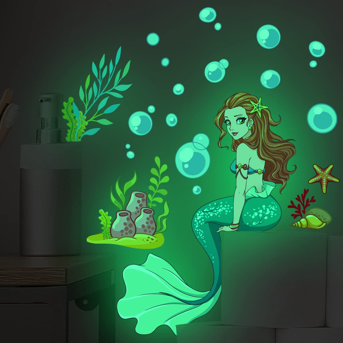 HGDESIGN Wall Sticker Luminous Mermaid Girl Underwater World Princess Wall Sticker Baby Room Children's Room Bathroom Wall Decoration