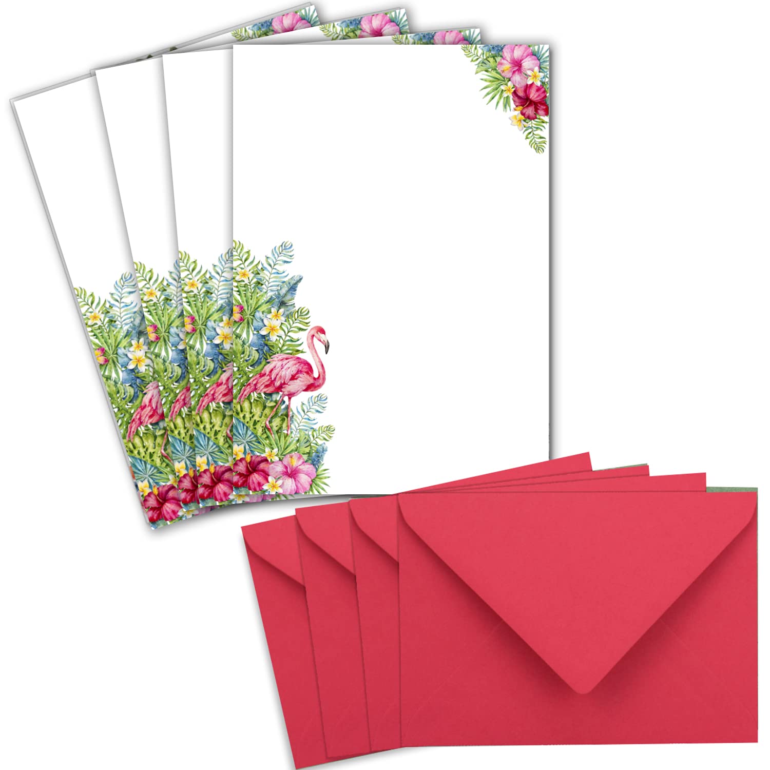 Glüxx Agent Paper Set, 25 pcs DIN A5 Writing Paper with Flamingo Motif and 25 Envelopes DIN C6, Printable, Ideal for Wedding Invitations