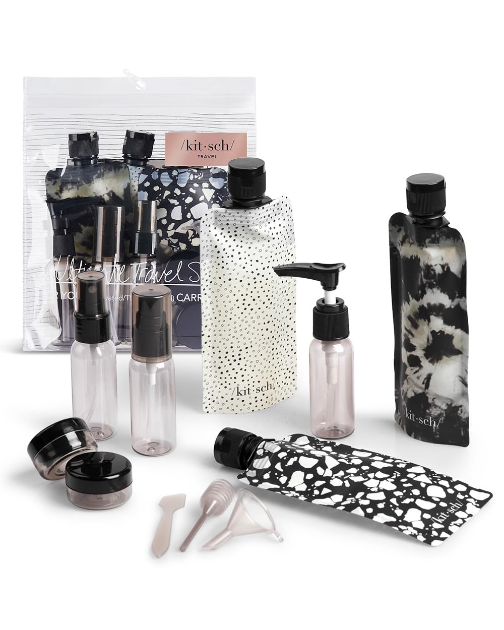 Kitsch 11 PCS Travel Bottles for Toiletries – Travel Essentials Kit for Shampoo, Conditioner, Lotion & More - TSA Approved Travel Bottles, Leak-Proof Refillable Travel Size Containers - Black & Ivory