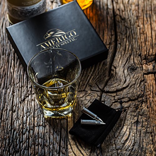 Whiskey Stones Bullets with Revolutionary Cooling Technology - Stainless Steel Whiskey Bullets Gift Set - Whiskey Gifts - Stainless Steel Ice Cubes for Whisky - Set of 6 Reusable Ice Cubes with Tongs