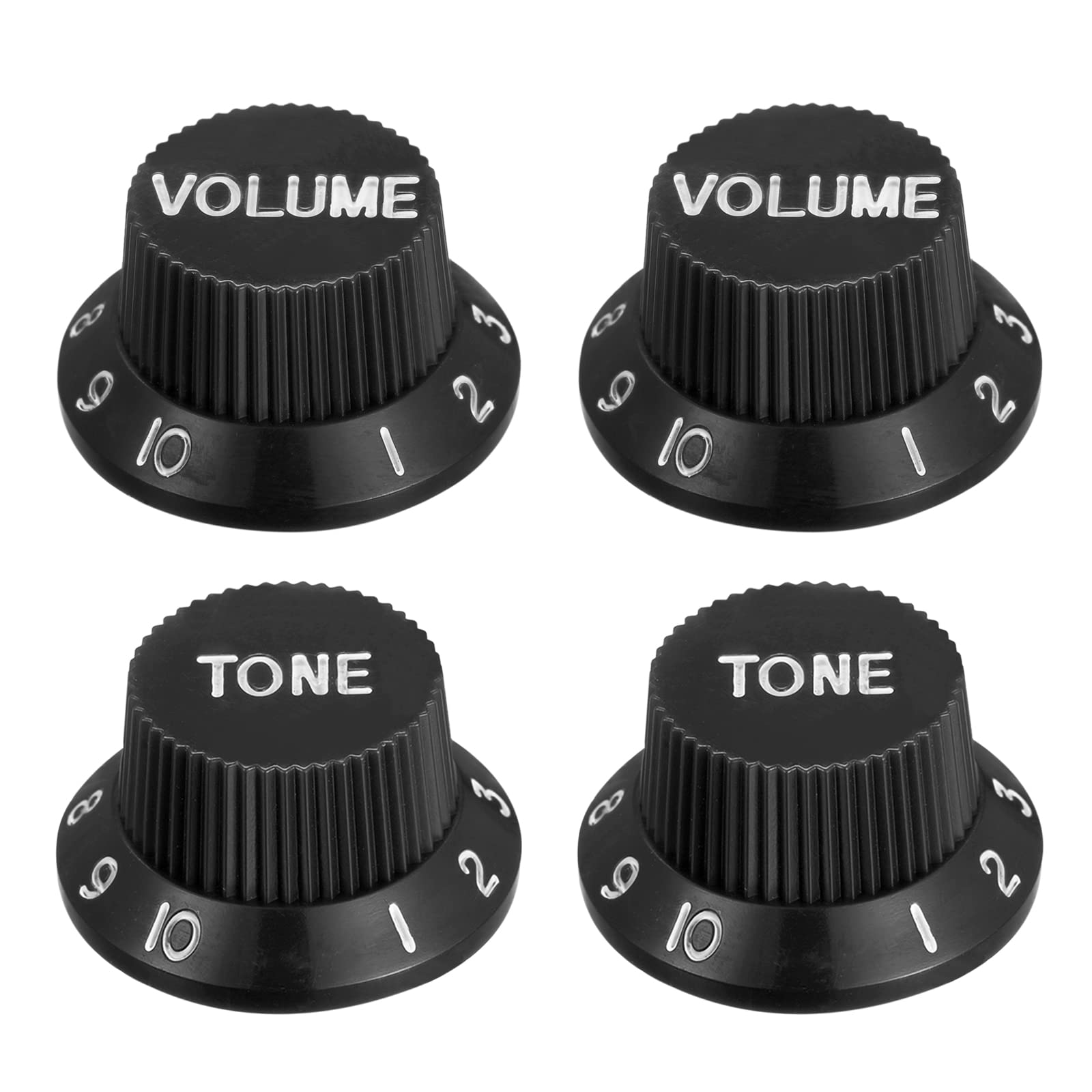 Photo 1 of ***(STOCK PHOTO FOR REFERENCE ONLY/ CREME COLORED)***MECCANIXITY Speed Control Knobs 6mm ID 2 Volume 2 Tone Top Hat Guitar Bell Knobs for ST/SQ Electric Guitar Plastic Black with White Characters 2Set